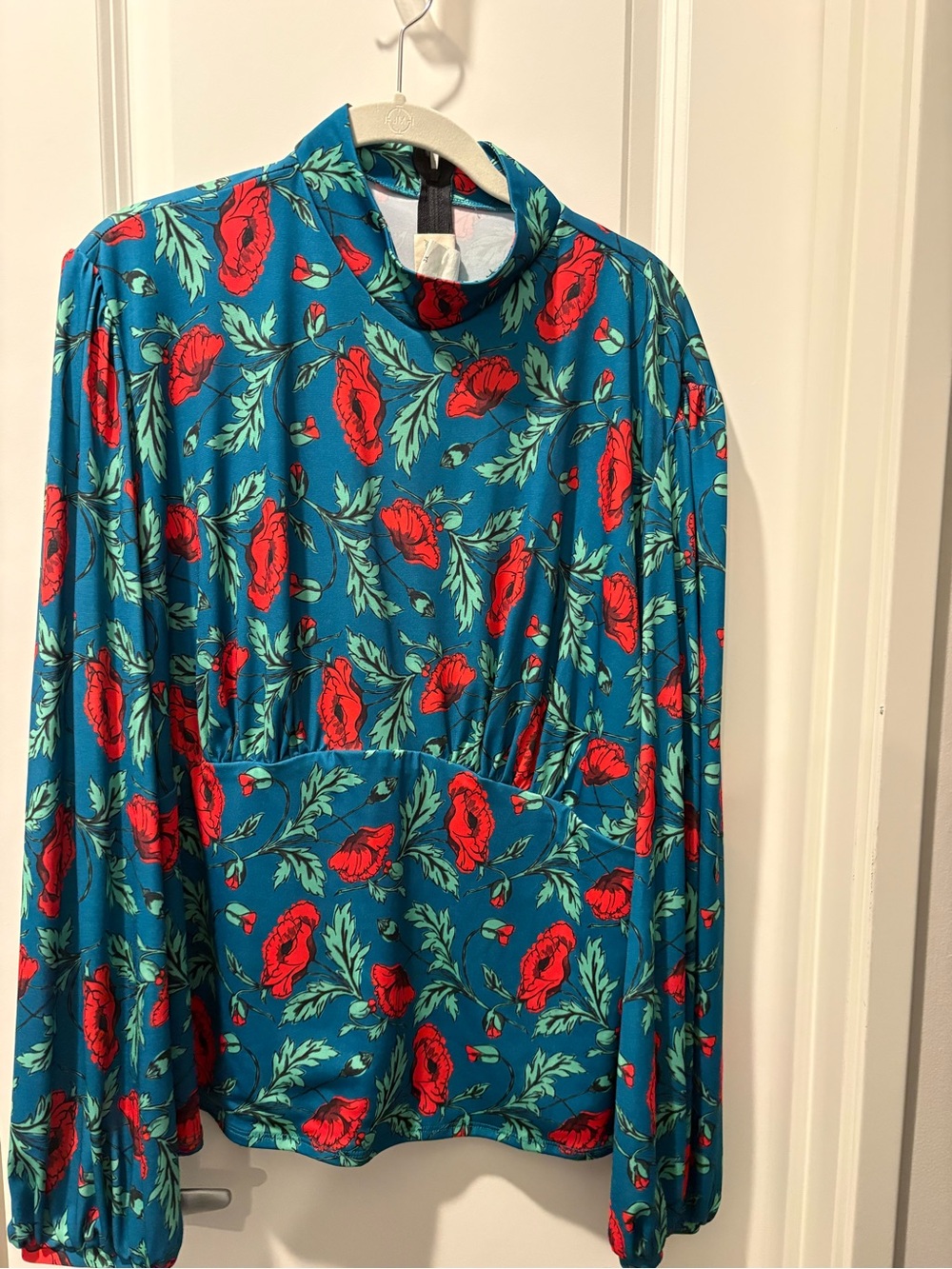 Floral High-Neck Blouse in Teal with Red Poppies